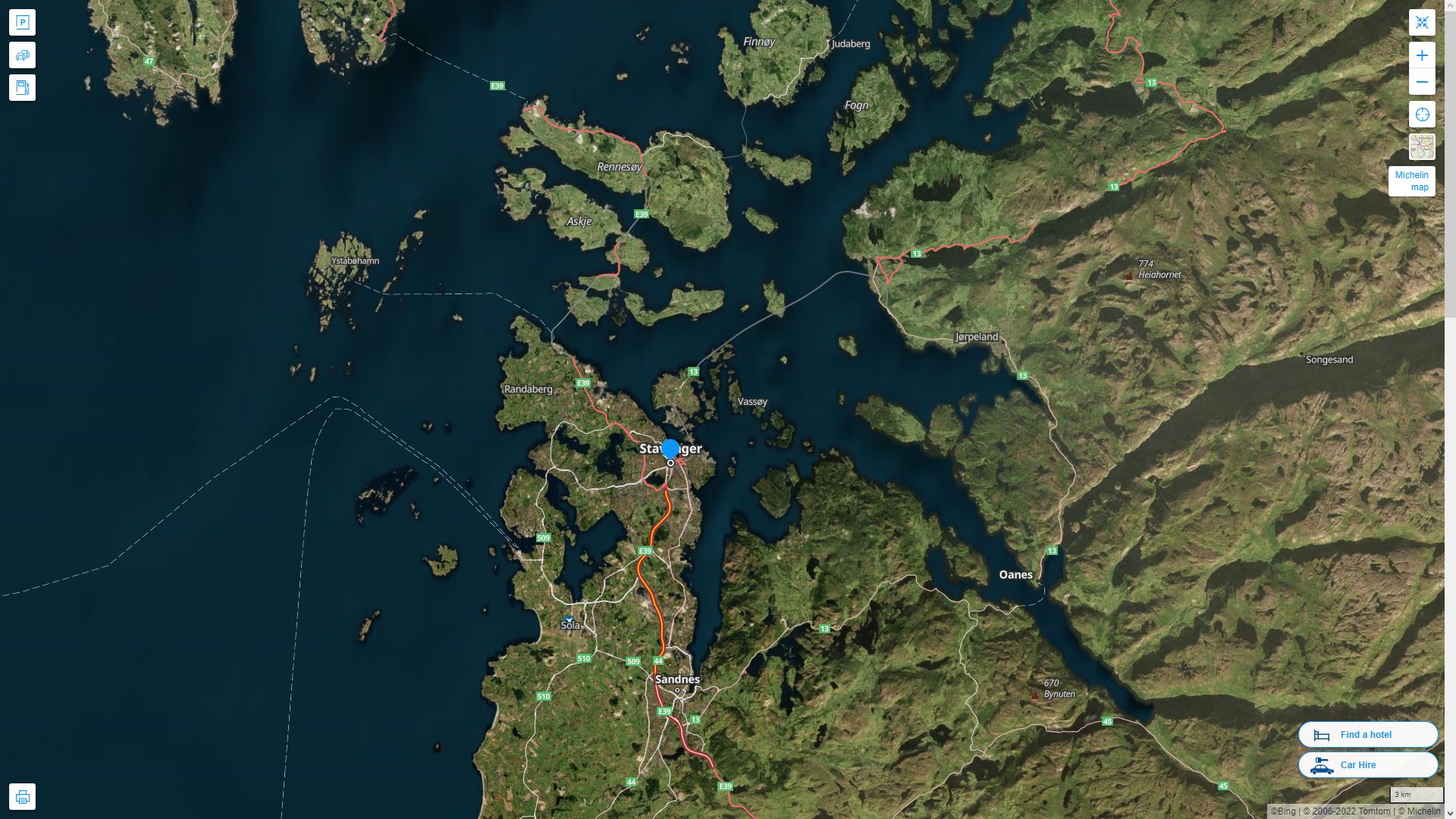 Stavanger Norvege Autoroute et carte routiere avec vue satellite